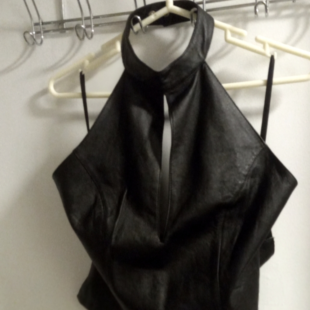 Women's plus size genuine leather all black halter
